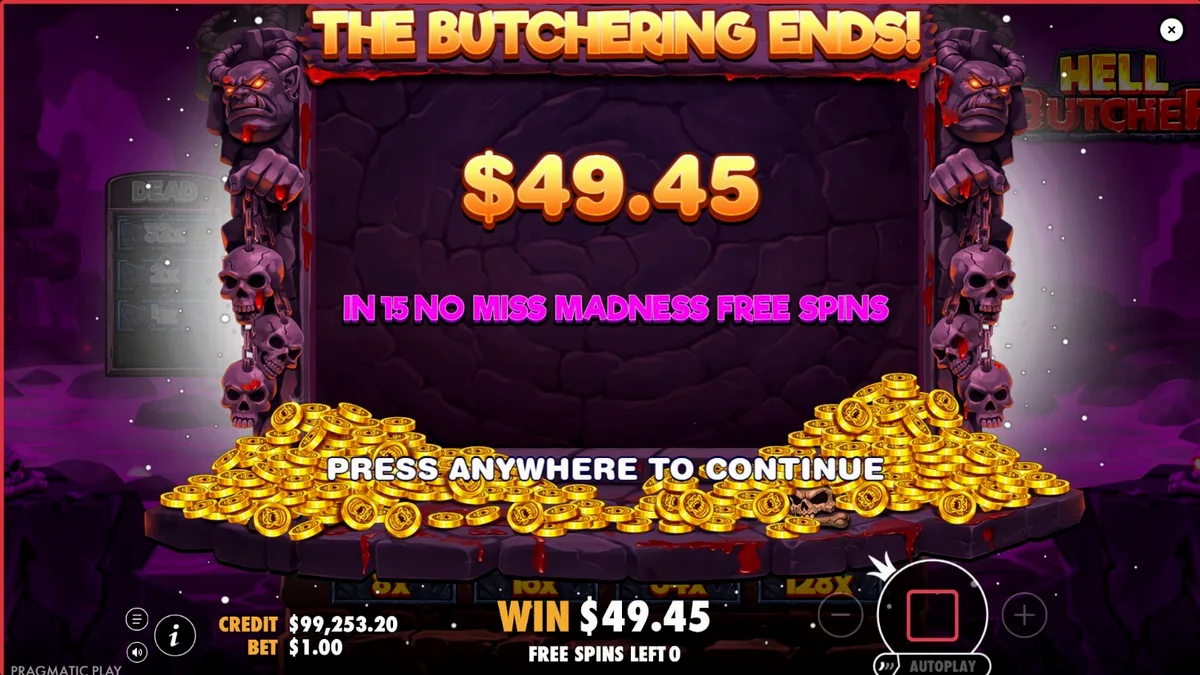 Hell Butcher slot game interface na may madilim na horror theme