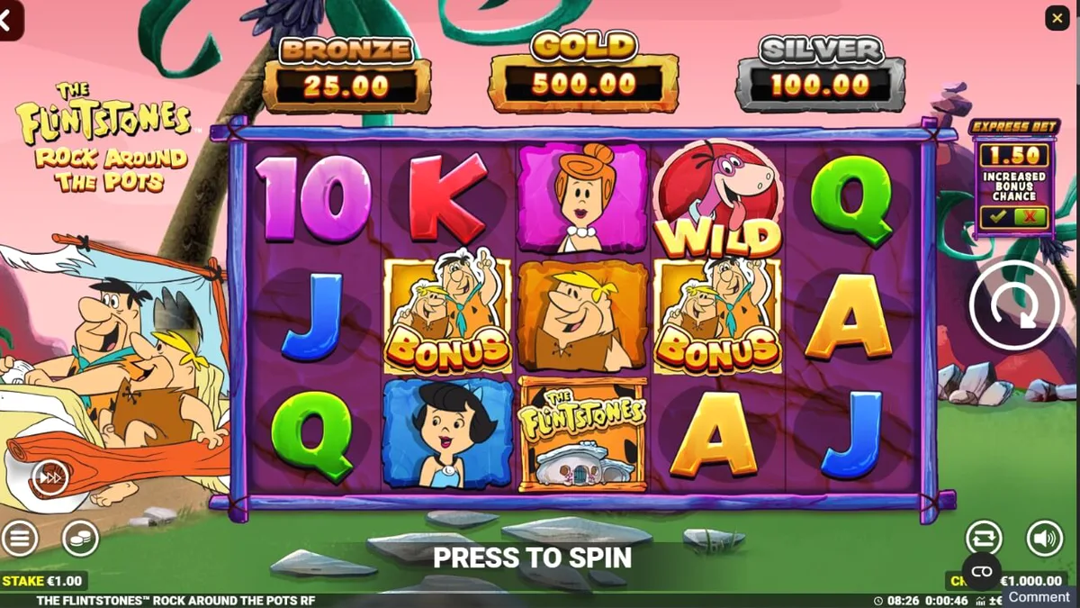The Flintstones: Rock Around The Pots slot game screen na nagpapakita ng mga karakter sa Bedrock.